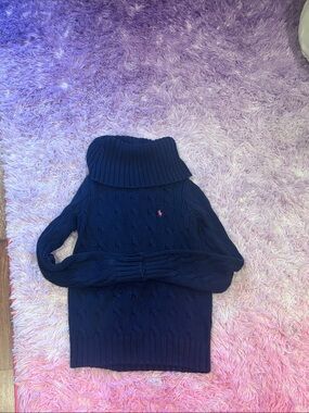 Polo by Ralph Lauren Navy Cable Knit Turtleneck Sweater with Pink Pony